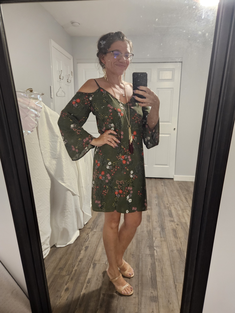 love, Fire Olive Green Floral Cold-Shoulder Mini Dress